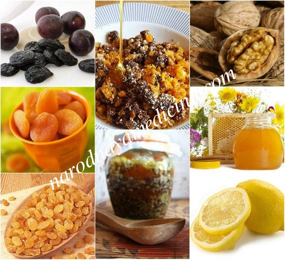 Питательная смесь - чернослив, курага, изюм, грецкие орехи, мед, лимон.